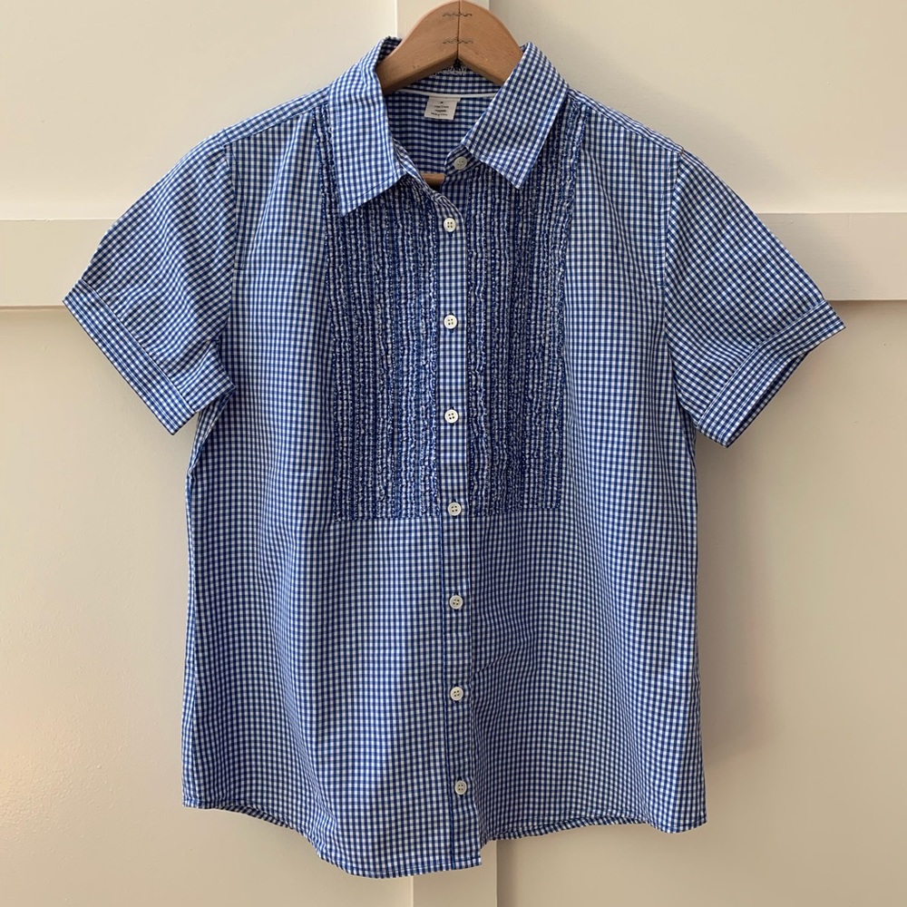 j crew gingham ruffled button down